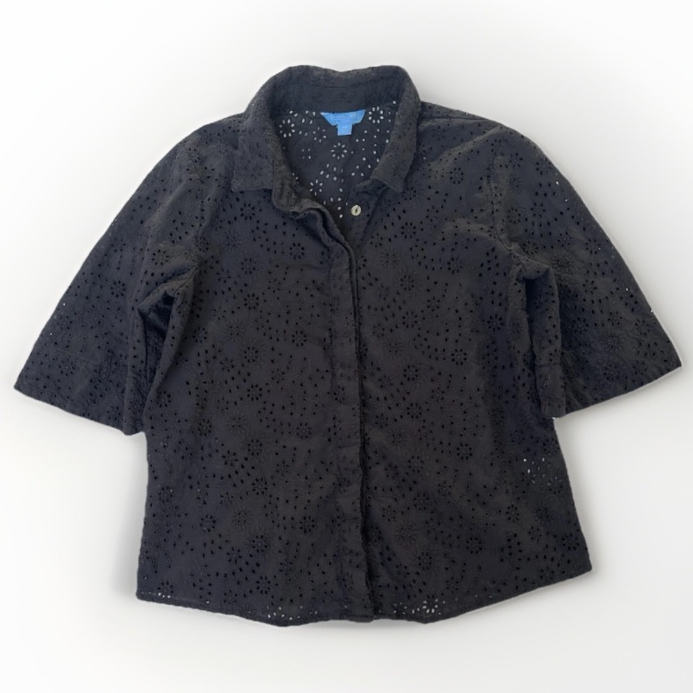 Draper James Black Eyelet Button Down Blouse Summer Cotton Women’s Size XS